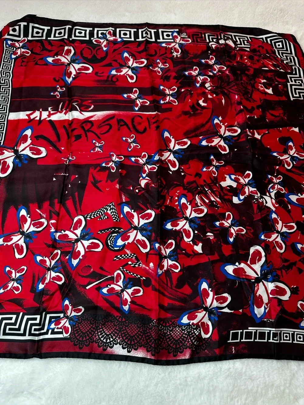 Versace Red Floral Silk-Blend Scarf with Blue & White Accents